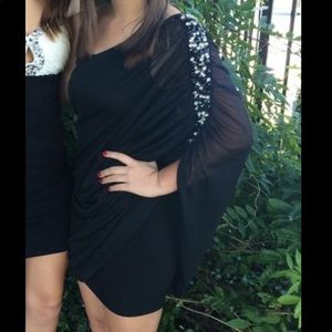 SEQUIN BLACK DRESS / OFF SHOULDER + ONE SLEEVE